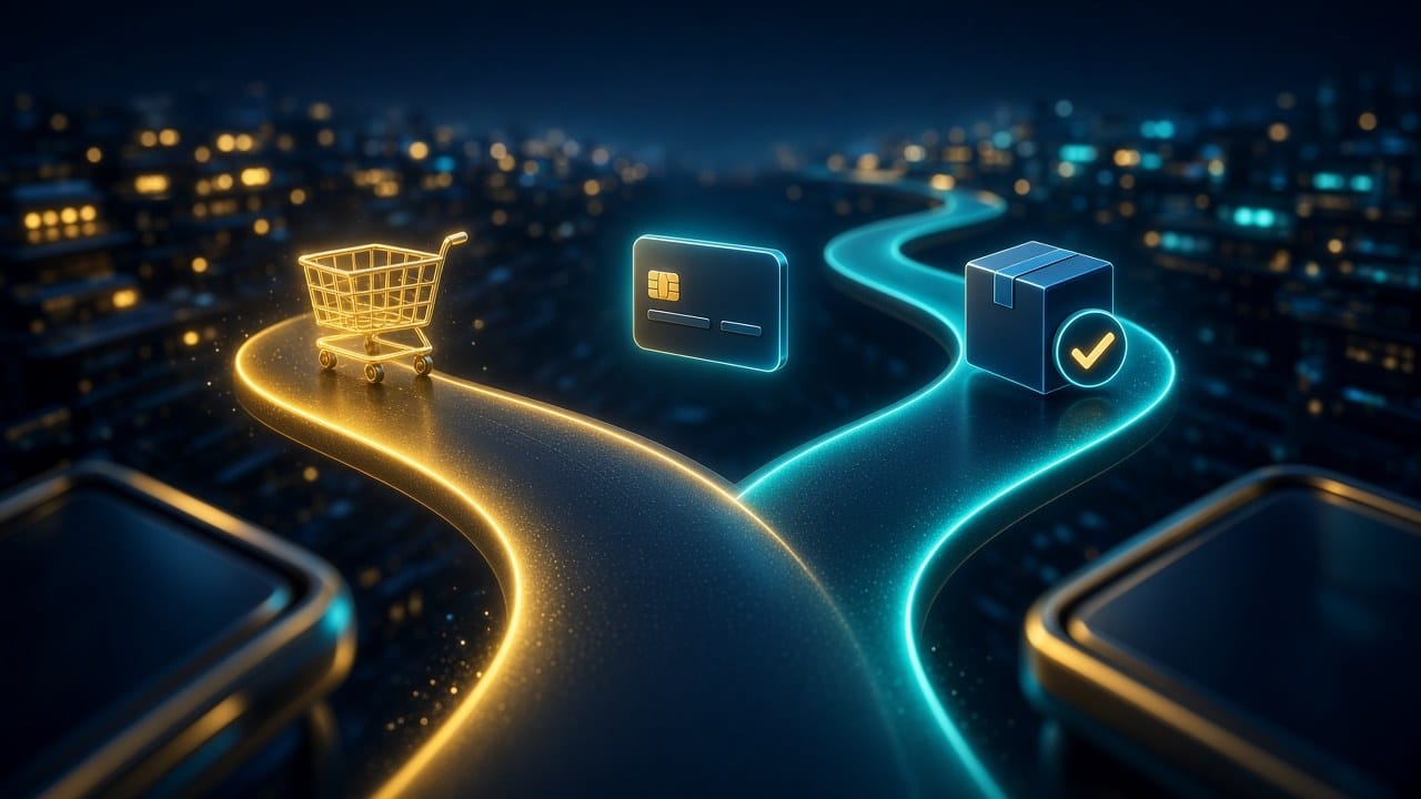 Ilustración de un camino luminoso con un carrito, una tarjeta y una caja con palomita que representan un checkout simple