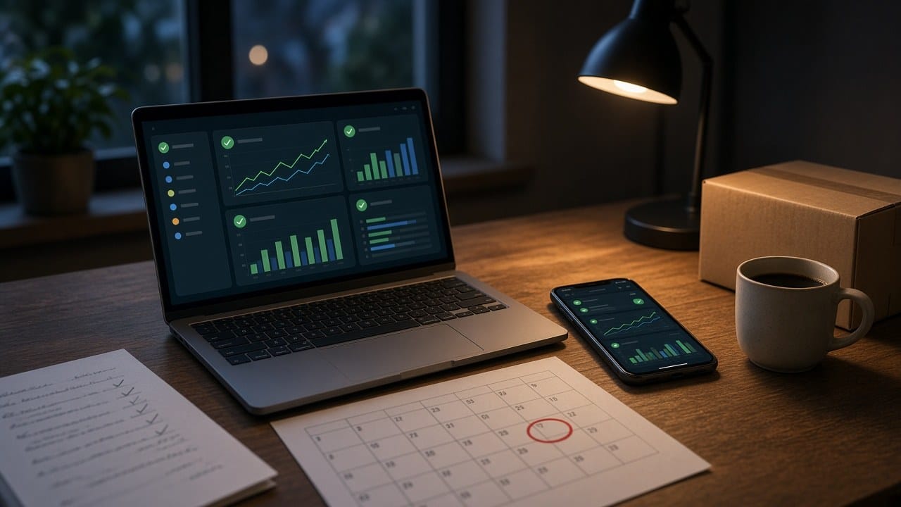 Escritorio con laptop y celular probando una tienda en línea, una lista de verificación en papel y un calendario con una fecha marcada
