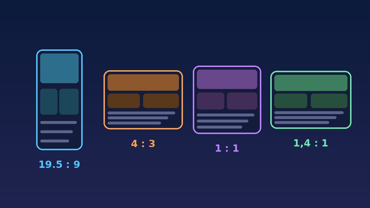 Comparación de formas de pantalla: vertical 19.5:9, 4:3, cuadrada 1:1 y ancha 1.4:1, con interfaces genéricas