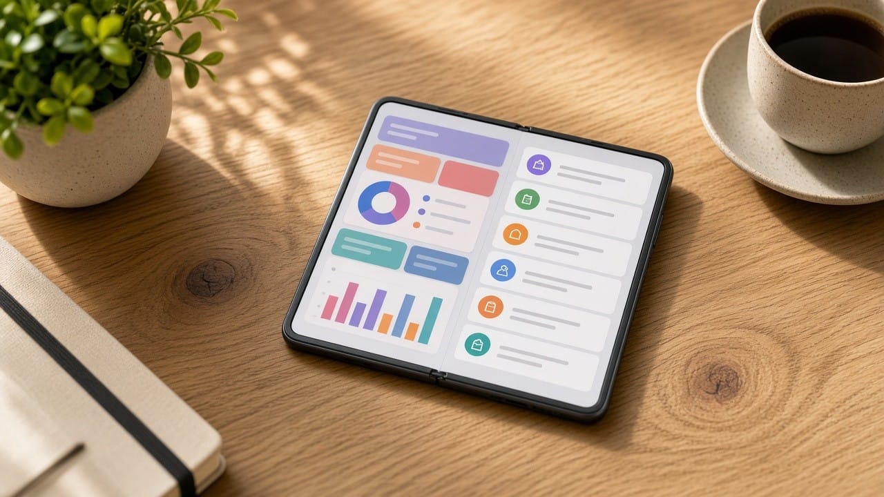 Plegable genérico abierto sobre un escritorio mostrando dos apps genéricas lado a lado