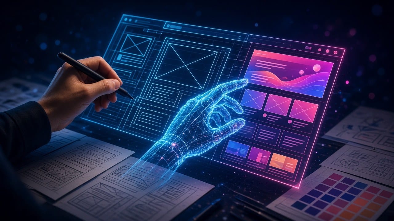 Una mano humana con estilete y una mano robótica luminosa dan forma a un esquema de página web