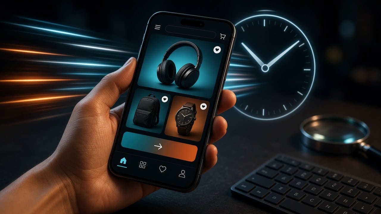 Celular con una tienda en línea de contraste claro, con estelas de luz que sugieren velocidad y un reloj luminoso al fondo