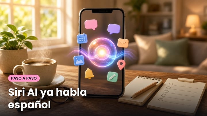Un teléfono sobre una mesa con una esfera de luz y burbujas de conversación, junto a una taza de café, lentes y una lista de pasos