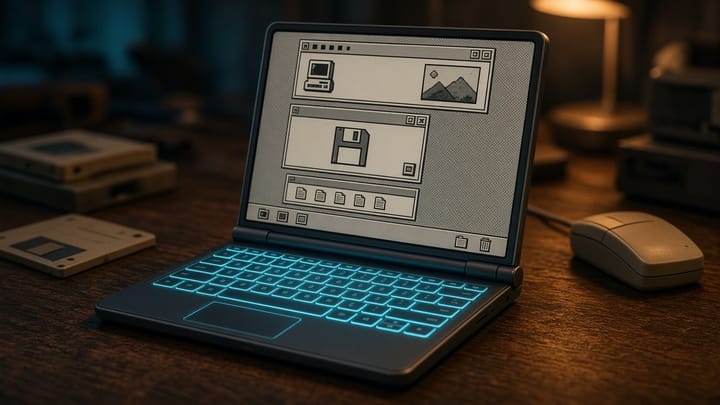 Teléfono plegable genérico doblado como laptop retro con interfaz de computadora clásica de los años 80